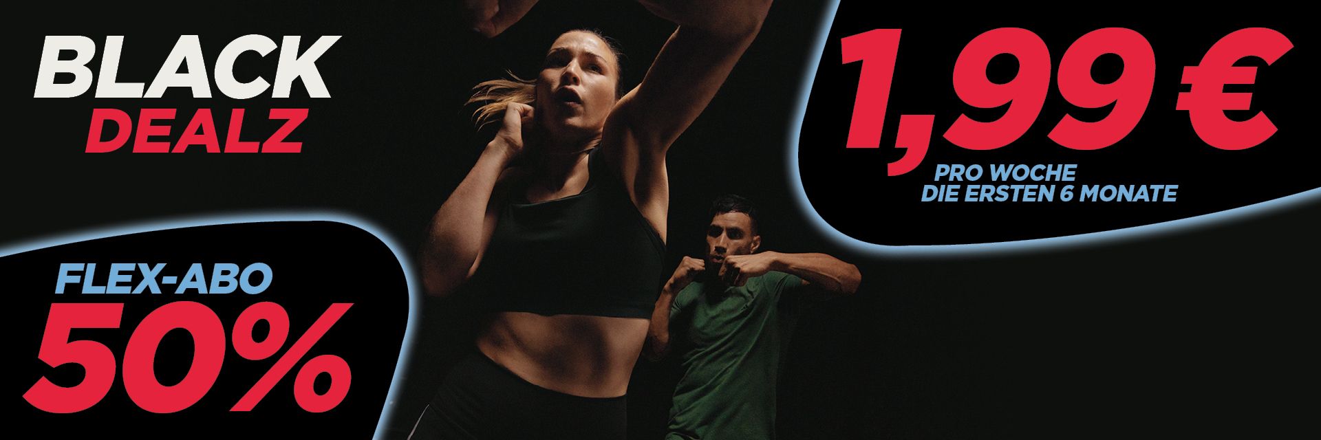 Frau und Mann beim Fitnesstraining. BLACK DEALZ, 1,99€/Woche. 50% Rabatt im FLEX Abo